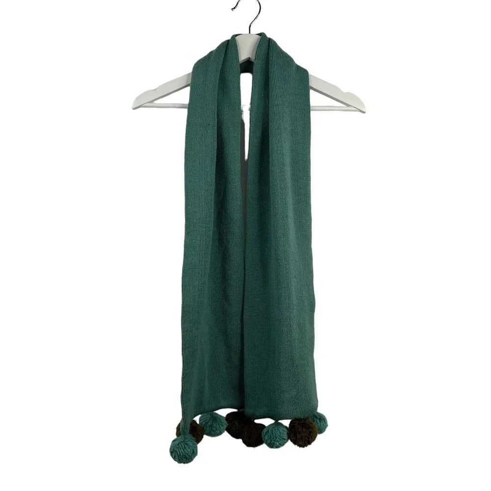J. Crew Kid One Size Scarf Green Teal Knit Wool Blend Pom Pom Winter Accessory